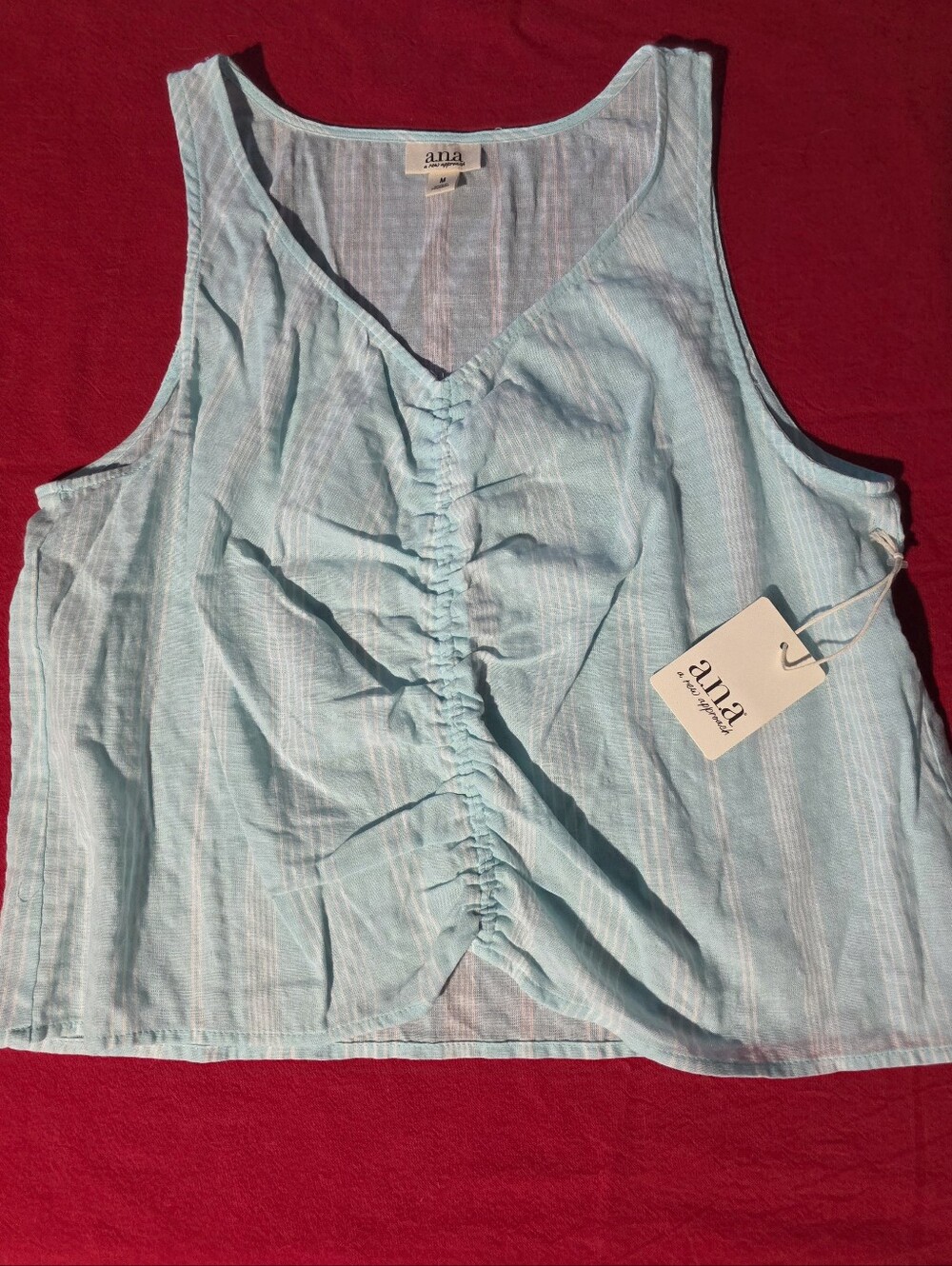 a.n.a Light Blue Striped Ruched V-Neck Tank Top